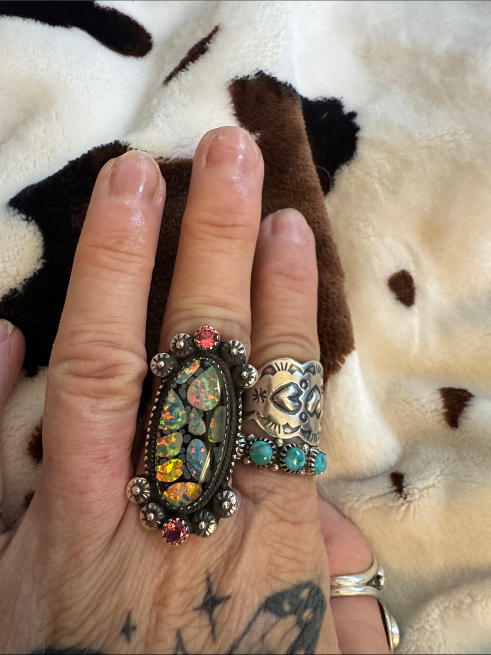 Sterling Silver Multicolor fire Opal Mosaic Statement Ring - pink sapphireAccent